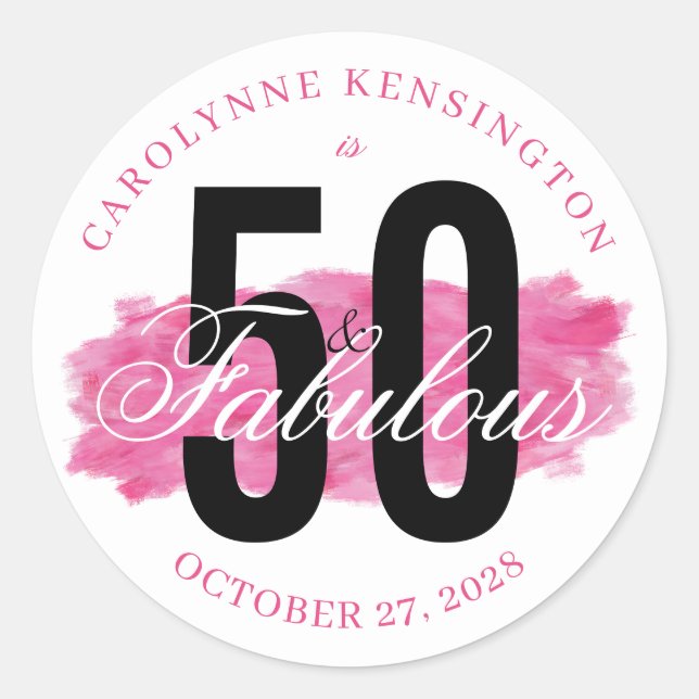Pink 50 and Fabulous Watercolor Birthday Classic Round Sticker (Front)