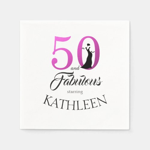 Pink 50 Fabulous 50th Birthday Party Monogram Name Napkins