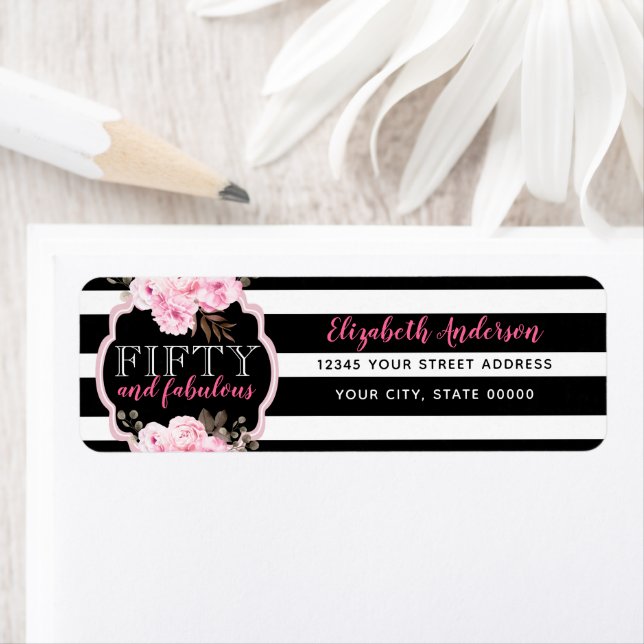 Pink 50 & Fabulous Floral Black & White Stripe Label (Insitu)
