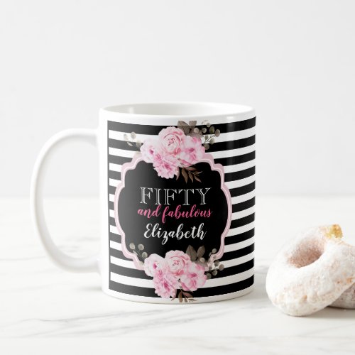 Pink 50  Fabulous Floral Classic Black Stripe Coffee Mug