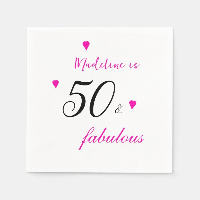 Pink 50 fabulous hearts typography 50th birthday napkins (Front)