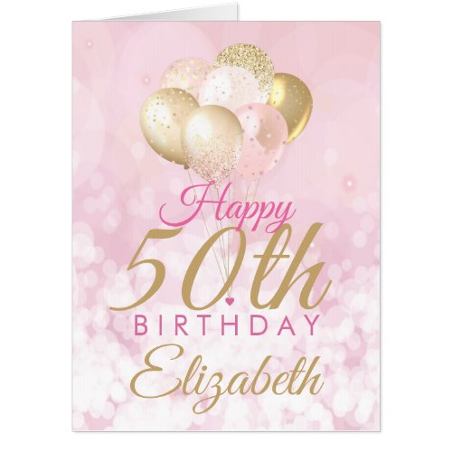 Pink 50th Birthday Glitter Balloon BIG Card