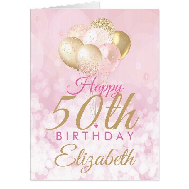 Pink 50th Birthday Glitter Balloon BIG Card (Front)