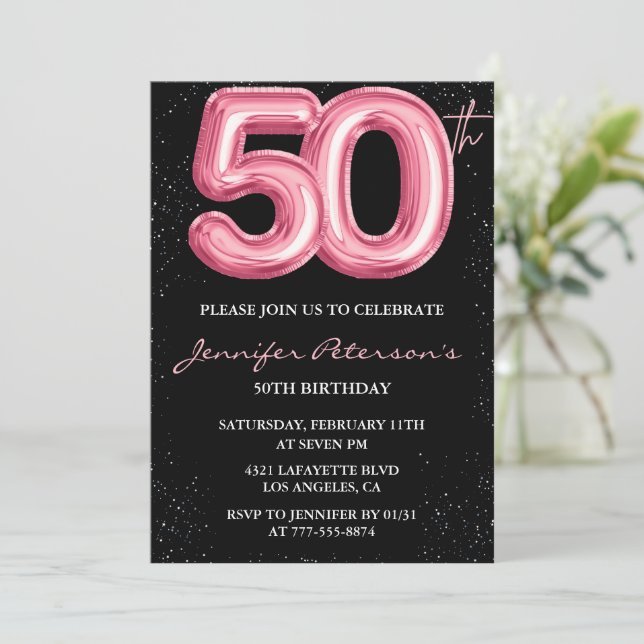 Pink 50th birthday invitations Balloon Glam Black (Standing Front)