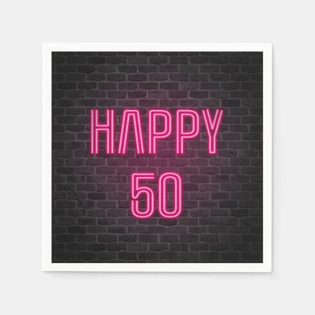 Pink 50th Birthday neon sign on brick wall Napkins (Front)