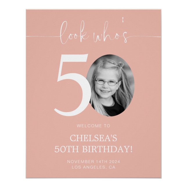 Pink 50th Birthday Welcome Sign | Look Who's 50 (Front)