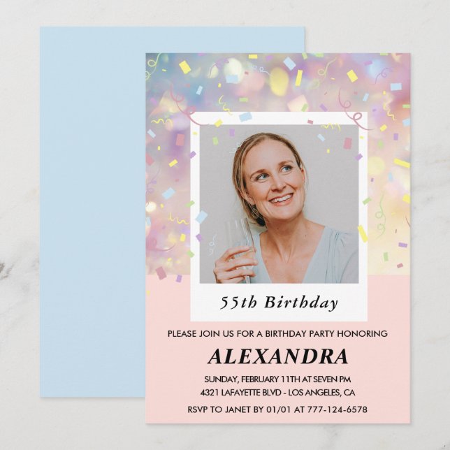 Pink 55th birthday invitations Confetti Photo  (Front/Back)