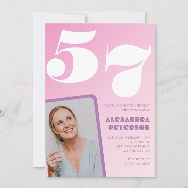Pink 57th birthday invitations Retro Photo (Front)
