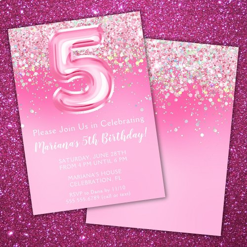 Pink 5th Birthday Invitation Girly Pink Glitter