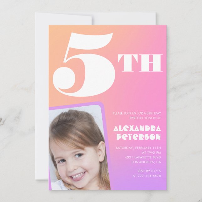 Pink 5th birthday invitations Colorful Photo (Front)