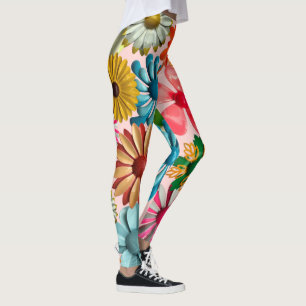 Pink 60s Retro MOD Colorful Hippie Daisy Flowers Leggings
