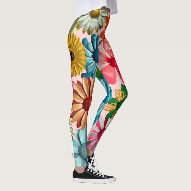 Pink 60s Retro MOD Colorful Hippie Daisy Flowers Leggings (Right)