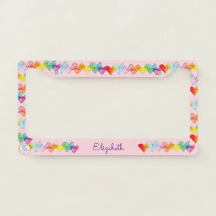 Pink 60s Watercolor Hearts Cute Girly Personalized License Plate Frame