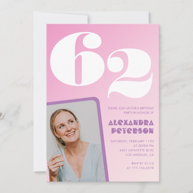 Pink 62nd birthday invitations Retro Photo (Front)