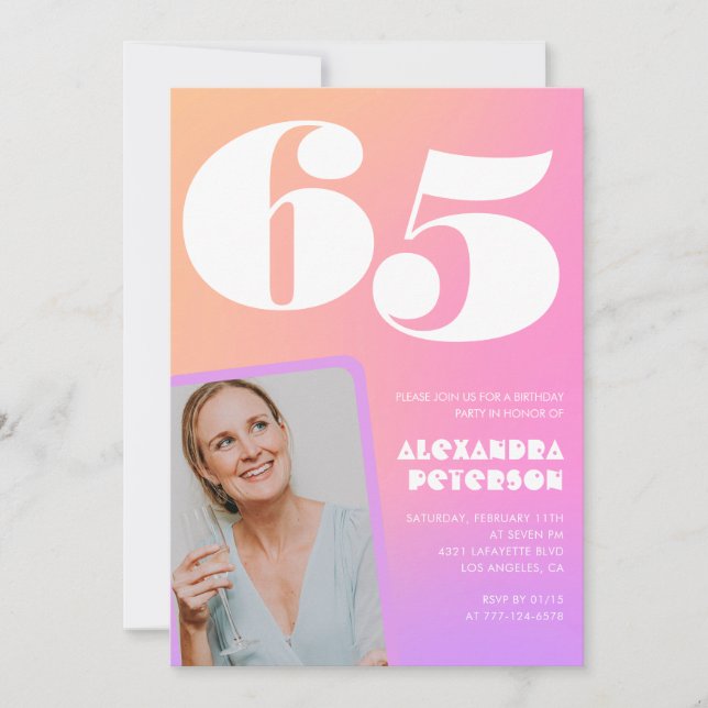 Pink 65th birthday invitations for her Retro Photo (Front)
