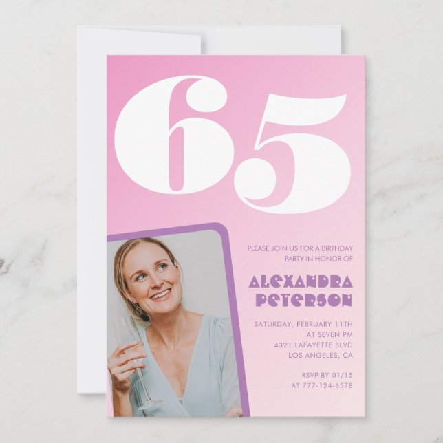Pink 65th birthday invitations Retro Photo (Front)