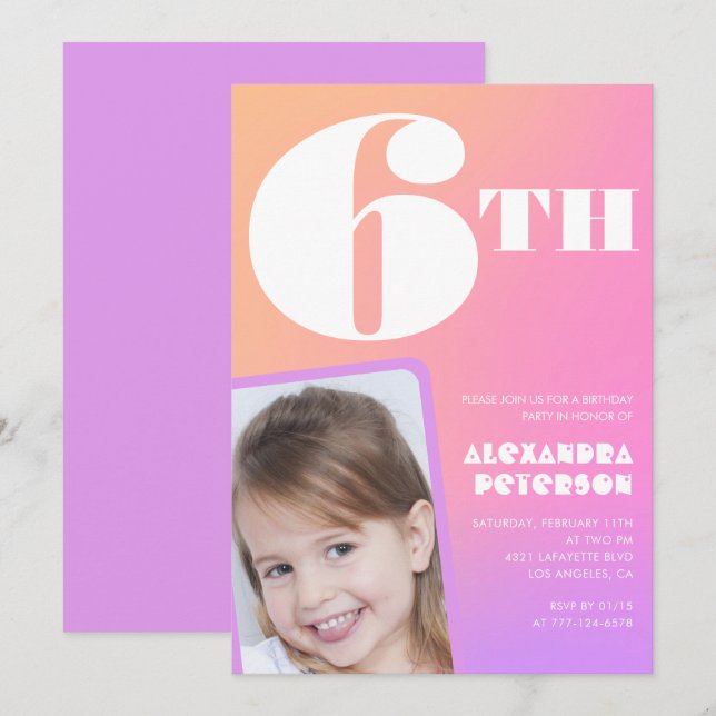 Pink 6th birthday invitations Colorful Photo (Front/Back)