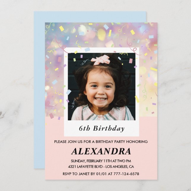 Pink 6th birthday invitations Confetti Photo  (Front/Back)