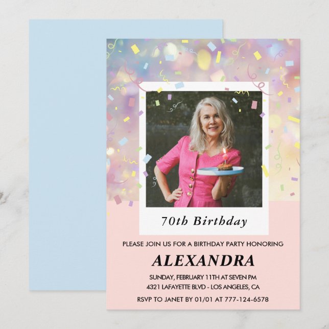 Pink 70th birthday invitations Confetti Photo  (Front/Back)