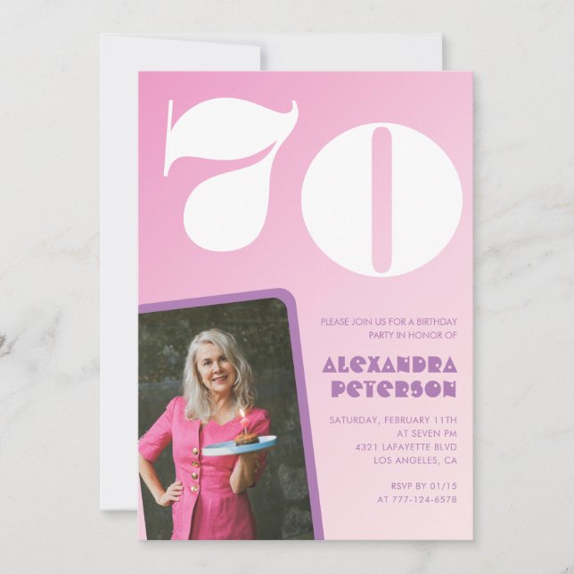 Pink 70th birthday invitations Retro Photo (Front)