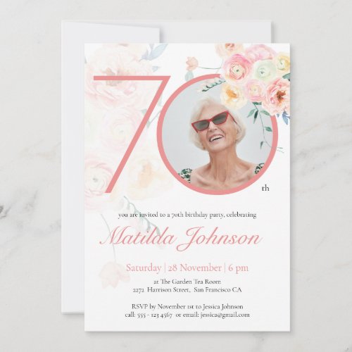 Pink 70th Birthday Watercolor Floral Custom Photo Invitation