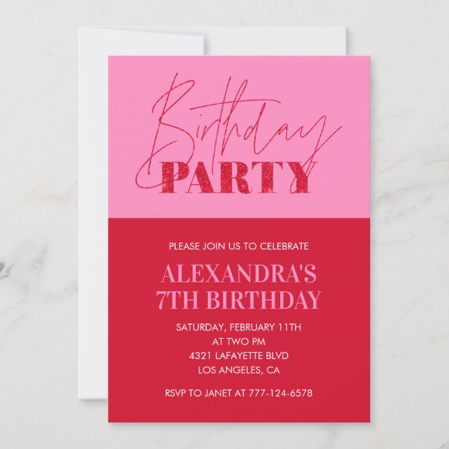 Pink 7th birthday invitations Birthday Party (Front)