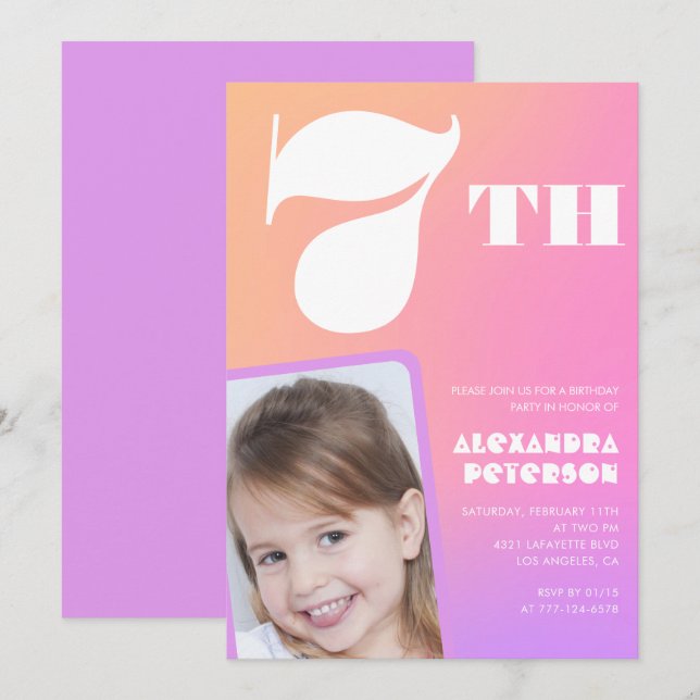 Pink 7th birthday invitations Colorful Photo (Front/Back)
