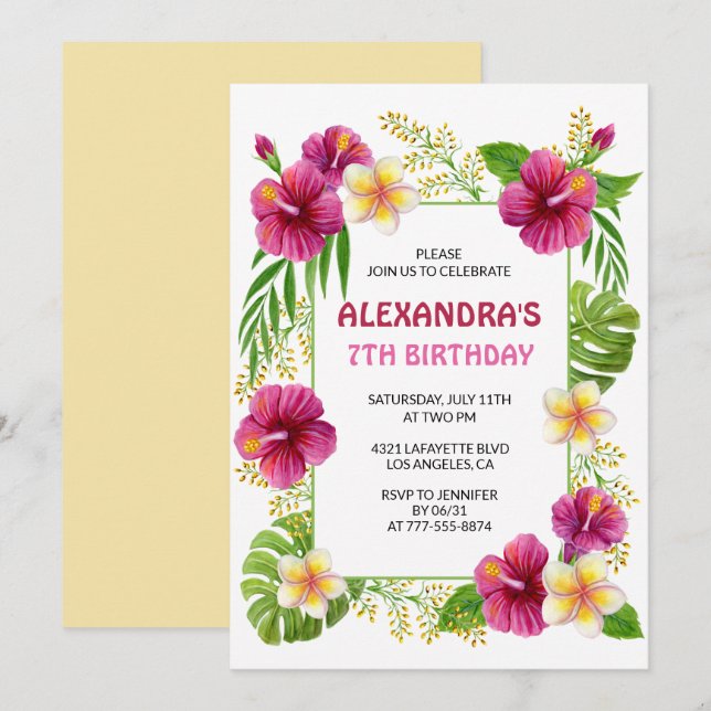 Pink 7th birthday invitations Tropical Party Luau  (Front/Back)