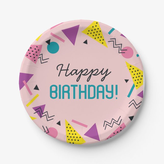 Pink 80s Pattern Birthday  Paper Plates (Front)