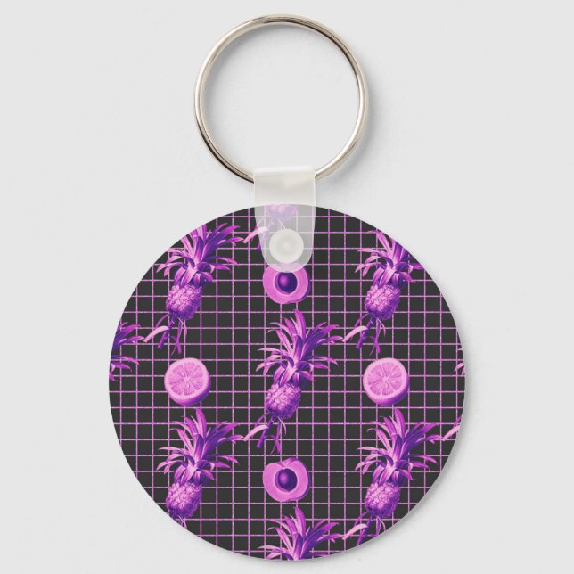 Pink 80s Pineapple Mango Lemon Pattern Keychain (Front)