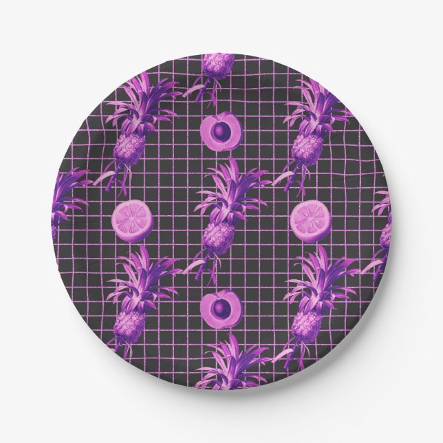 Pink 80s Pineapple Mango Lemon Pattern Paper Plates (Front)
