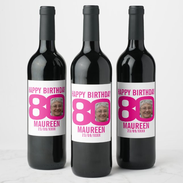 Pink 80th Birthday custom photo name label (Bottles)