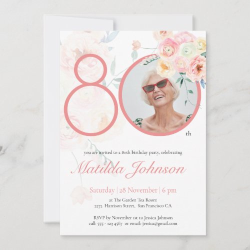 Pink 80th Birthday Watercolor Floral Custom Photo Invitation