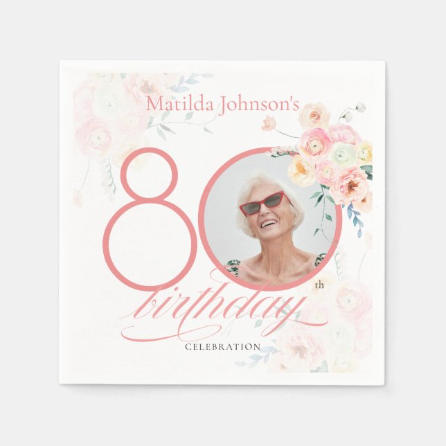 Pink 80th Birthday Watercolor Floral Custom Photo Napkins (Front)