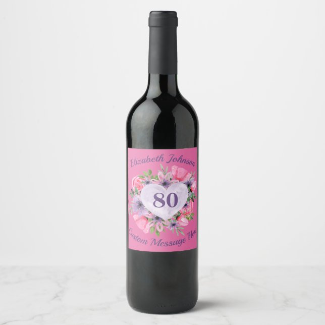 Pink 80th Birthday Wine Bottle Labels (Front)