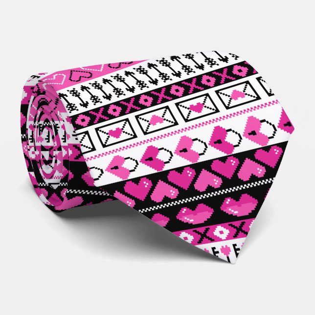 Pink 8 Bit Love hearts Neck Tie (Rolled)