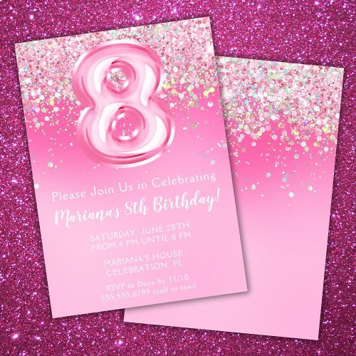 Pink 8th Birthday Invitation Girly Pink Glitter