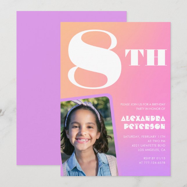 Pink 8th birthday invitations Colorful Photo (Front/Back)