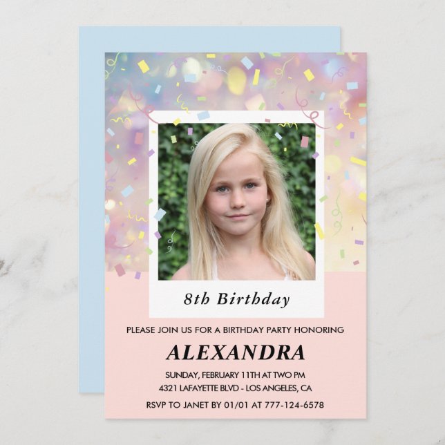 Pink 8th birthday invitations Confetti Photo  (Front/Back)