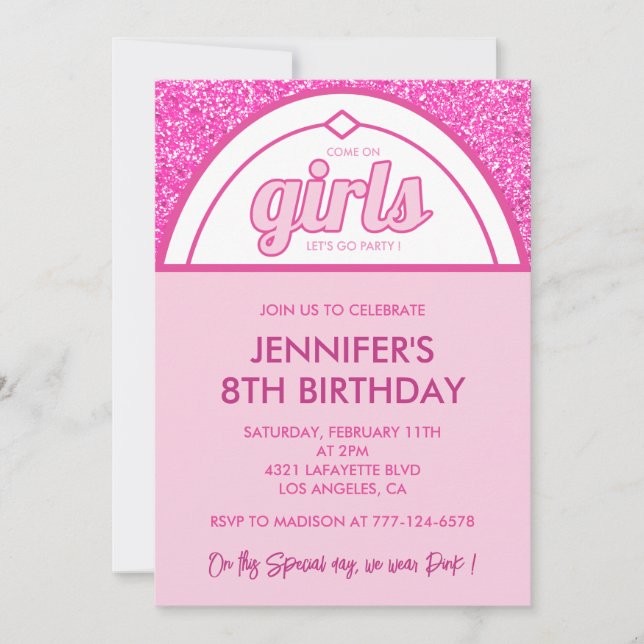 Pink 8th birthday invitations Glitter glam (Front)