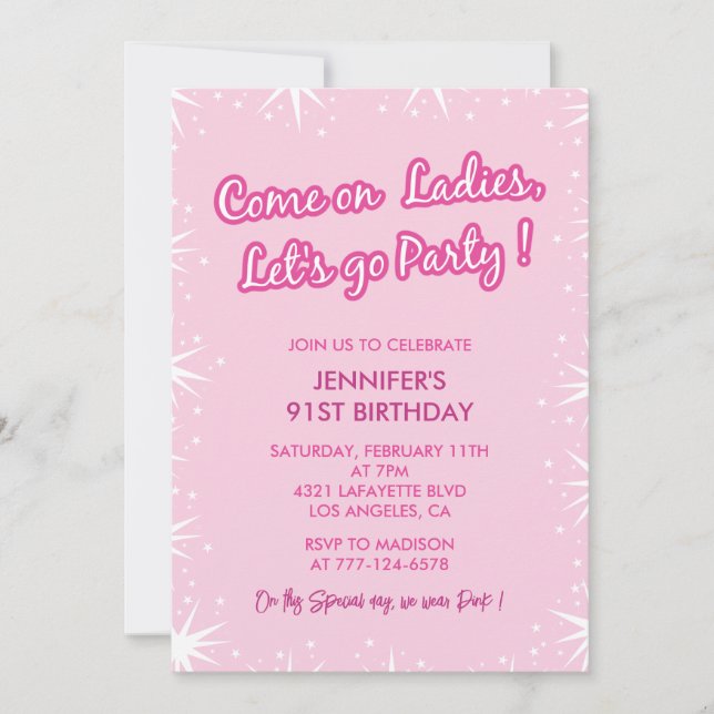 Pink 91st birthday invitations Trendy Sparkle (Front)