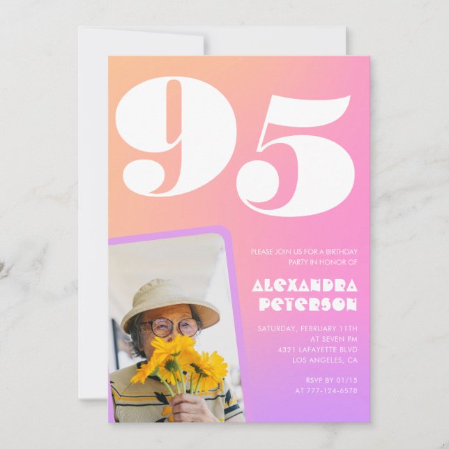 Pink 95th birthday invitations for her Retro Photo (Front)