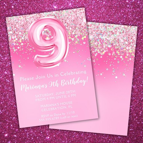 Pink 9th Birthday Invitation Girly Pink Glitter