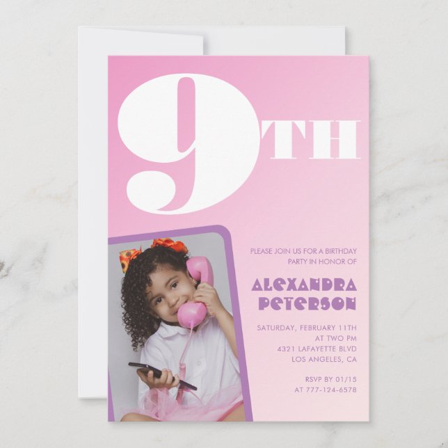 Pink 9th birthday invitations Girl Retro Photo (Front)