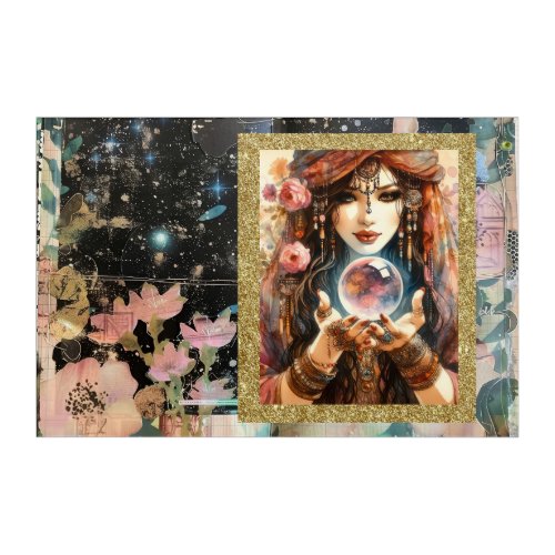 *~*Pink A100 Flowers Boho Gypsy Woman Crystal Ball Acrylic Print