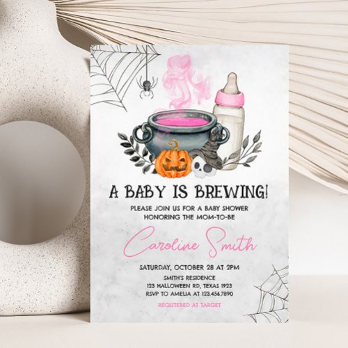 Pink A Baby is Brewing Halloween Baby Shower  Invitation