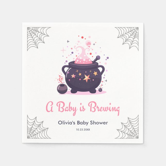 Pink A Baby is Brewing Halloween Baby Shower  Napkins (Front)