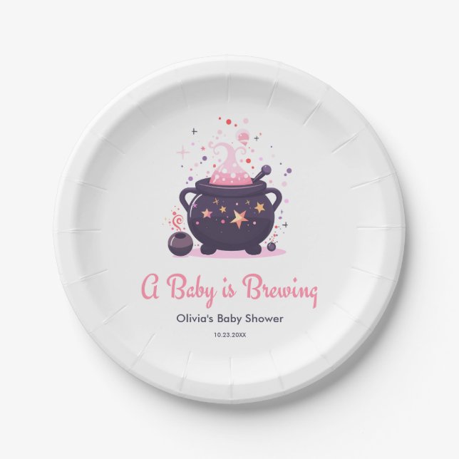 Pink A Baby is Brewing Halloween Baby Shower  Paper Plates (Front)