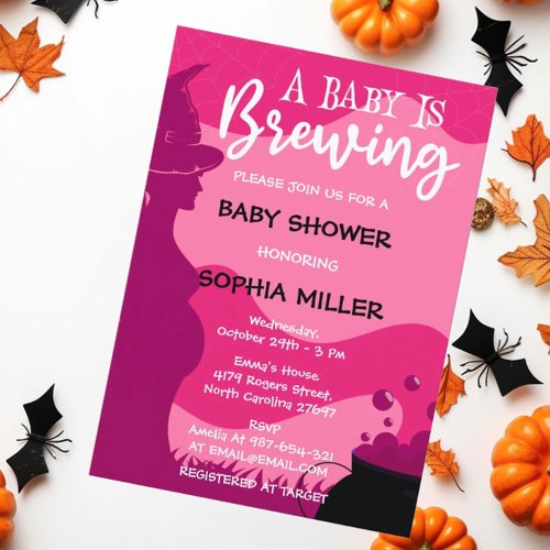 Pink A Baby Is Brewing Halloween Witch Baby Shower Invitation