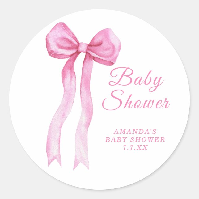 Pink a Bow Girl Baby shower Classic Round Sticker (Front)